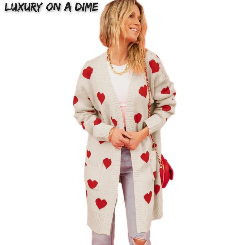 Contrasting Heart Knit Open Front Longline Pocket Sweater Cardigan Valentine - Picture 4 of 9
